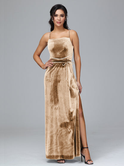 Spaghetti Straps Plus Size Velvet Bridesmaid Dress With Slit