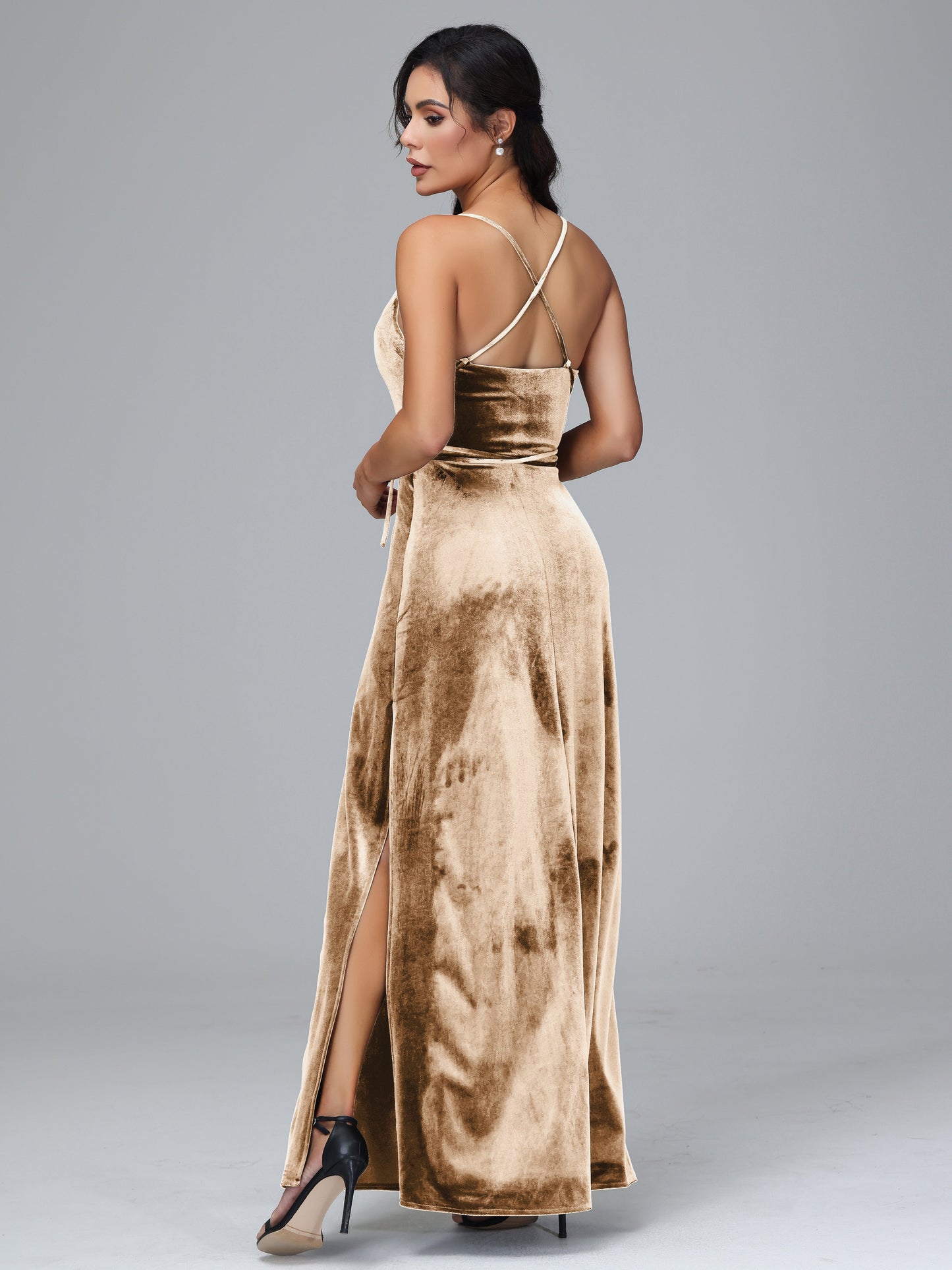 Spaghetti Straps Velvet Bridesmaid Dress With Slit