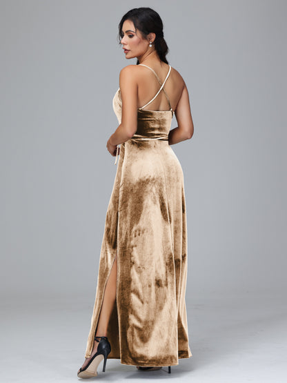 Spaghetti Straps Plus Size Velvet Bridesmaid Dress With Slit