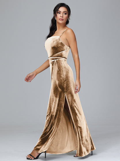 Spaghetti Straps Velvet Bridesmaid Dress With Slit