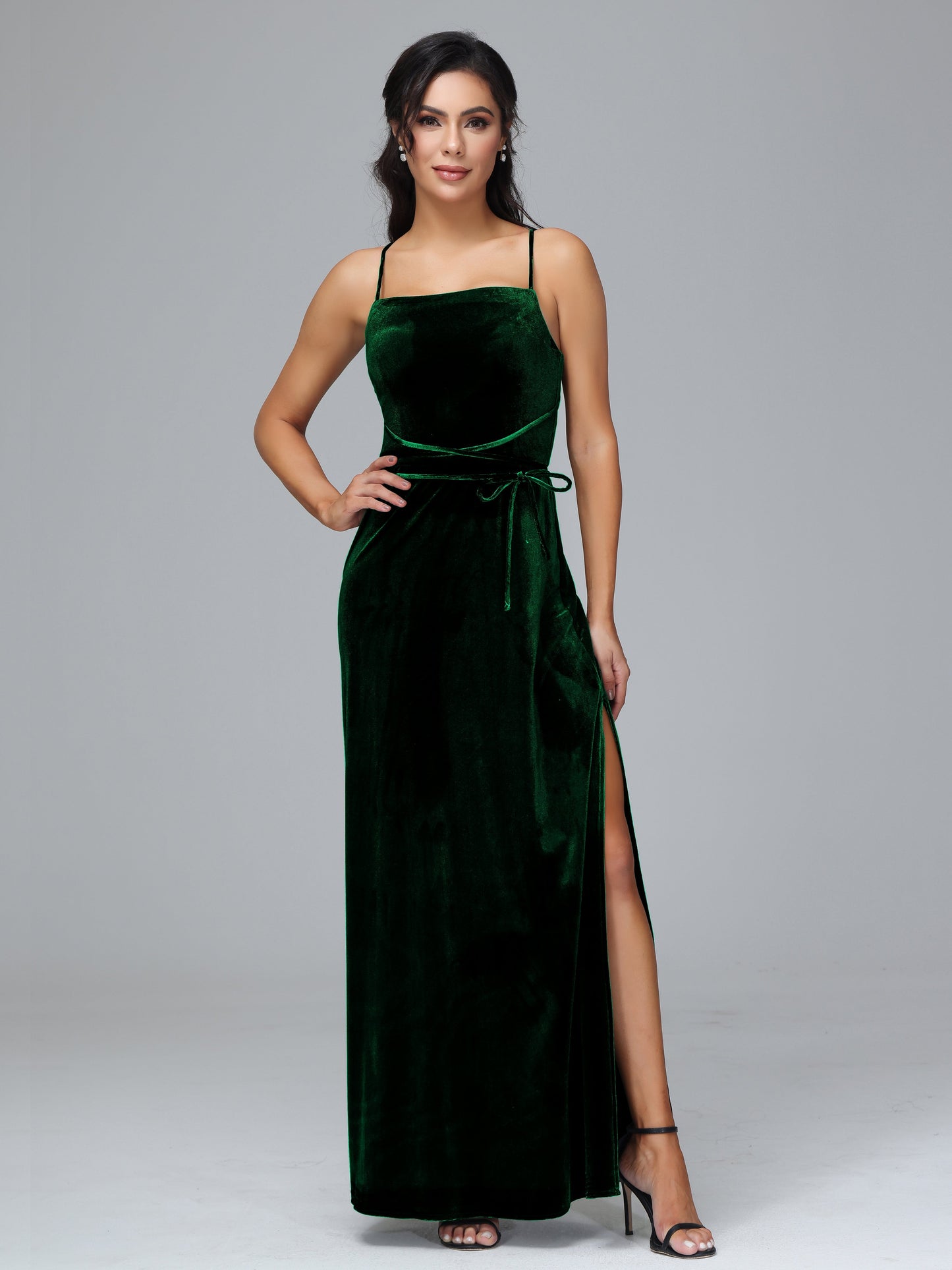 Spaghetti Straps Plus Size Velvet Bridesmaid Dress With Slit