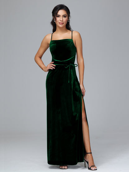 Spaghetti Straps Velvet Bridesmaid Dress With Slit