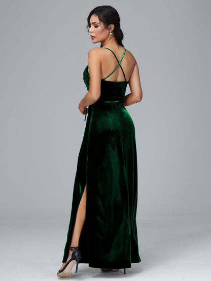 Spaghetti Straps Velvet Bridesmaid Dress With Slit