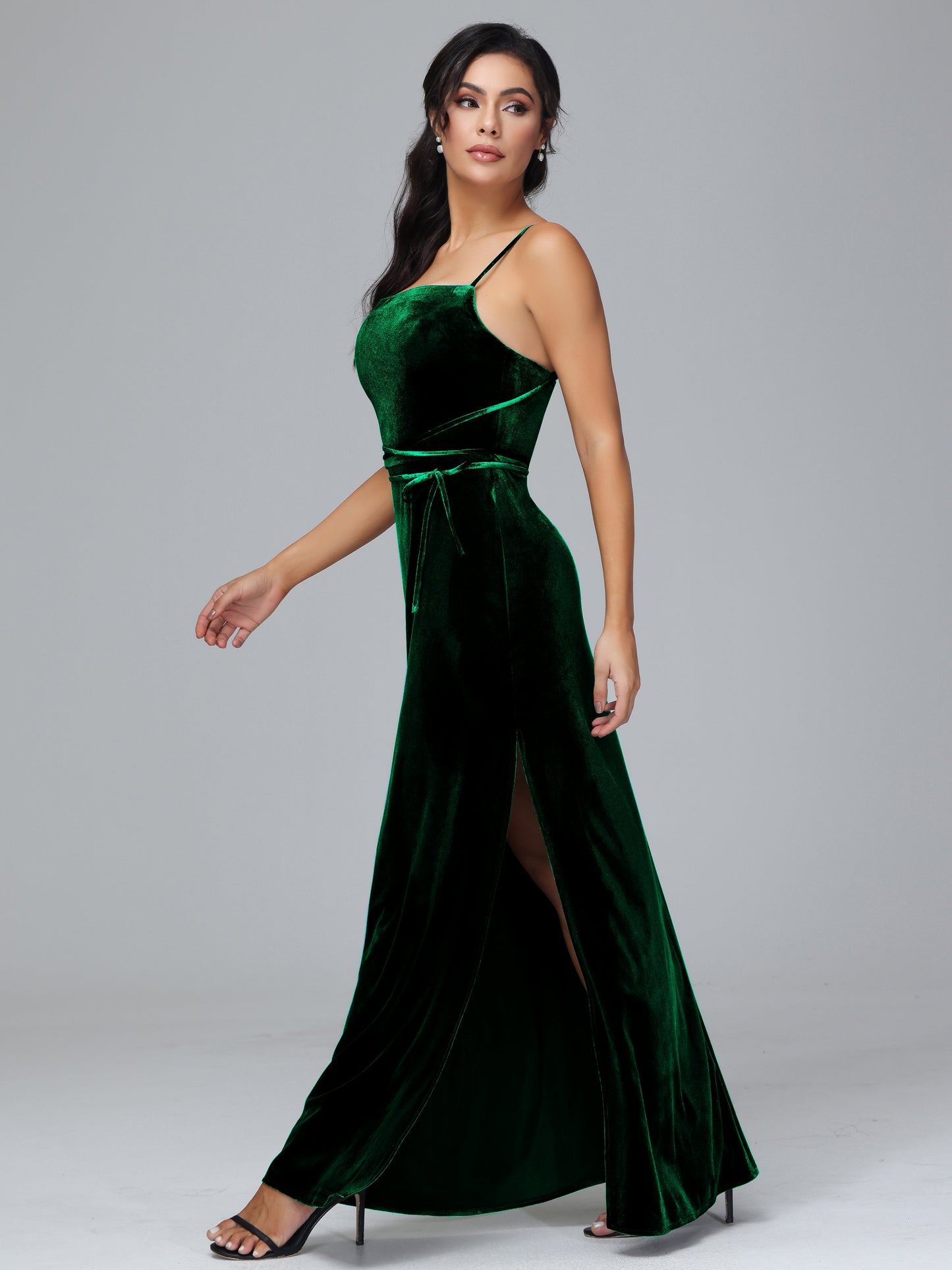 Spaghetti Straps Velvet Bridesmaid Dress With Slit