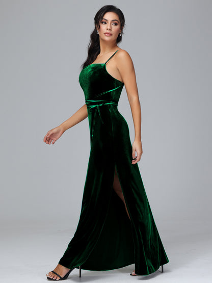 Spaghetti Straps Velvet Bridesmaid Dress With Slit