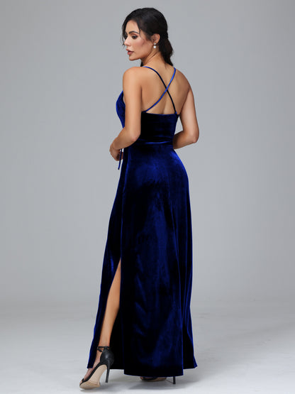 Spaghetti Straps Velvet Bridesmaid Dress With Slit