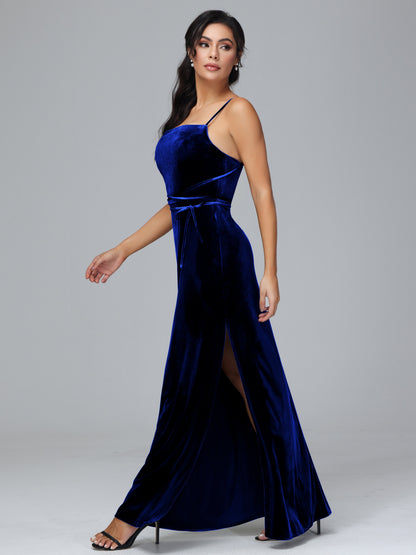 Spaghetti Straps Velvet Bridesmaid Dress With Slit