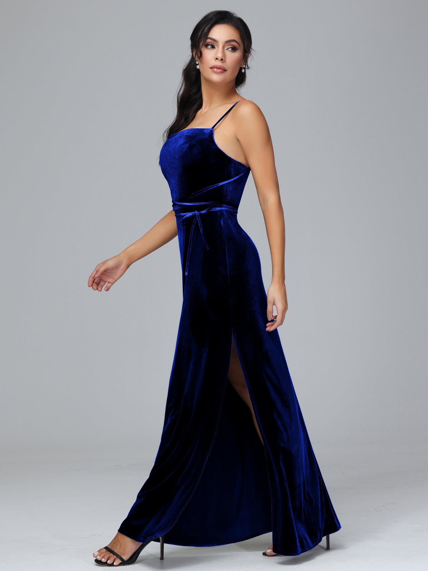 Spaghetti Straps Plus Size Velvet Bridesmaid Dress With Slit