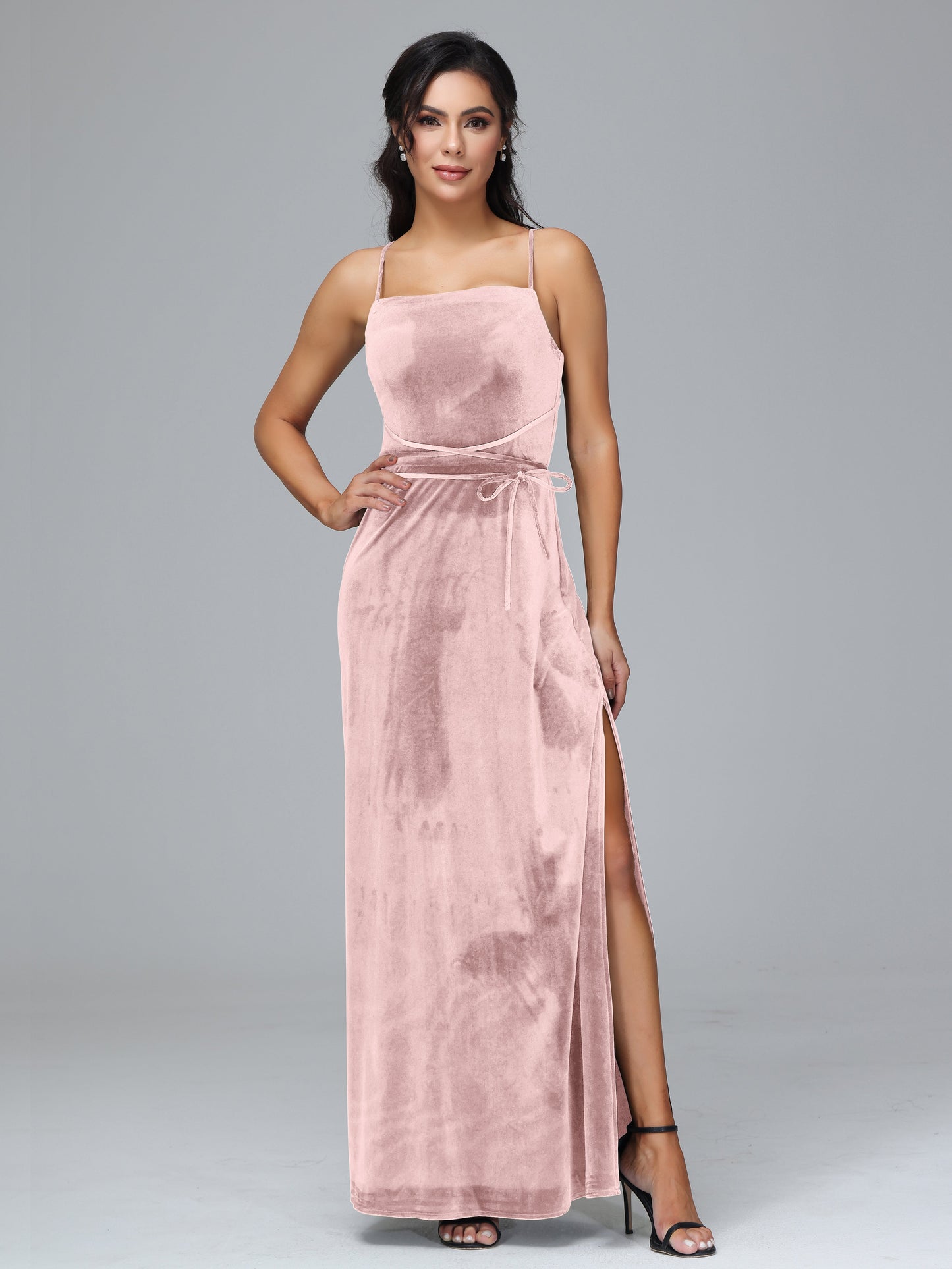 Spaghetti Straps Velvet Bridesmaid Dress With Slit