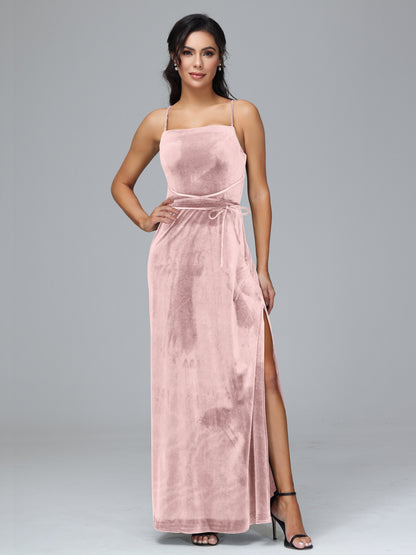 Spaghetti Straps Velvet Bridesmaid Dress With Slit