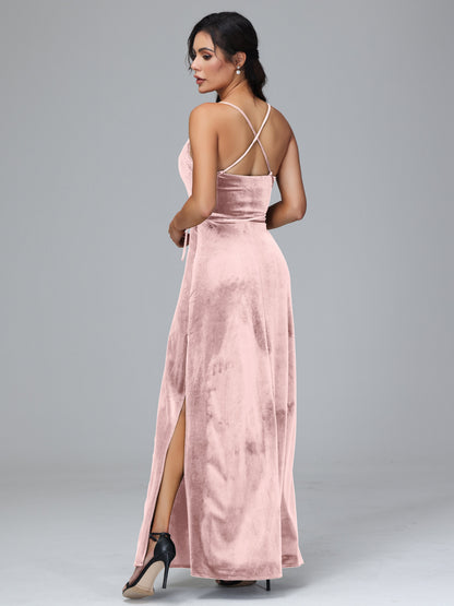 Spaghetti Straps Plus Size Velvet Bridesmaid Dress With Slit