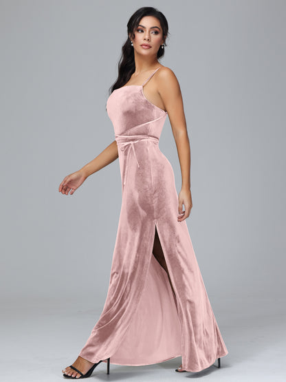 Spaghetti Straps Velvet Bridesmaid Dress With Slit