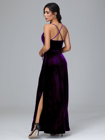 Spaghetti Straps Plus Size Velvet Bridesmaid Dress With Slit