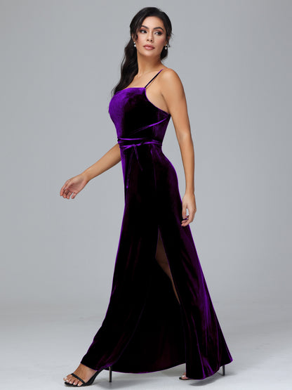 Spaghetti Straps Plus Size Velvet Bridesmaid Dress With Slit