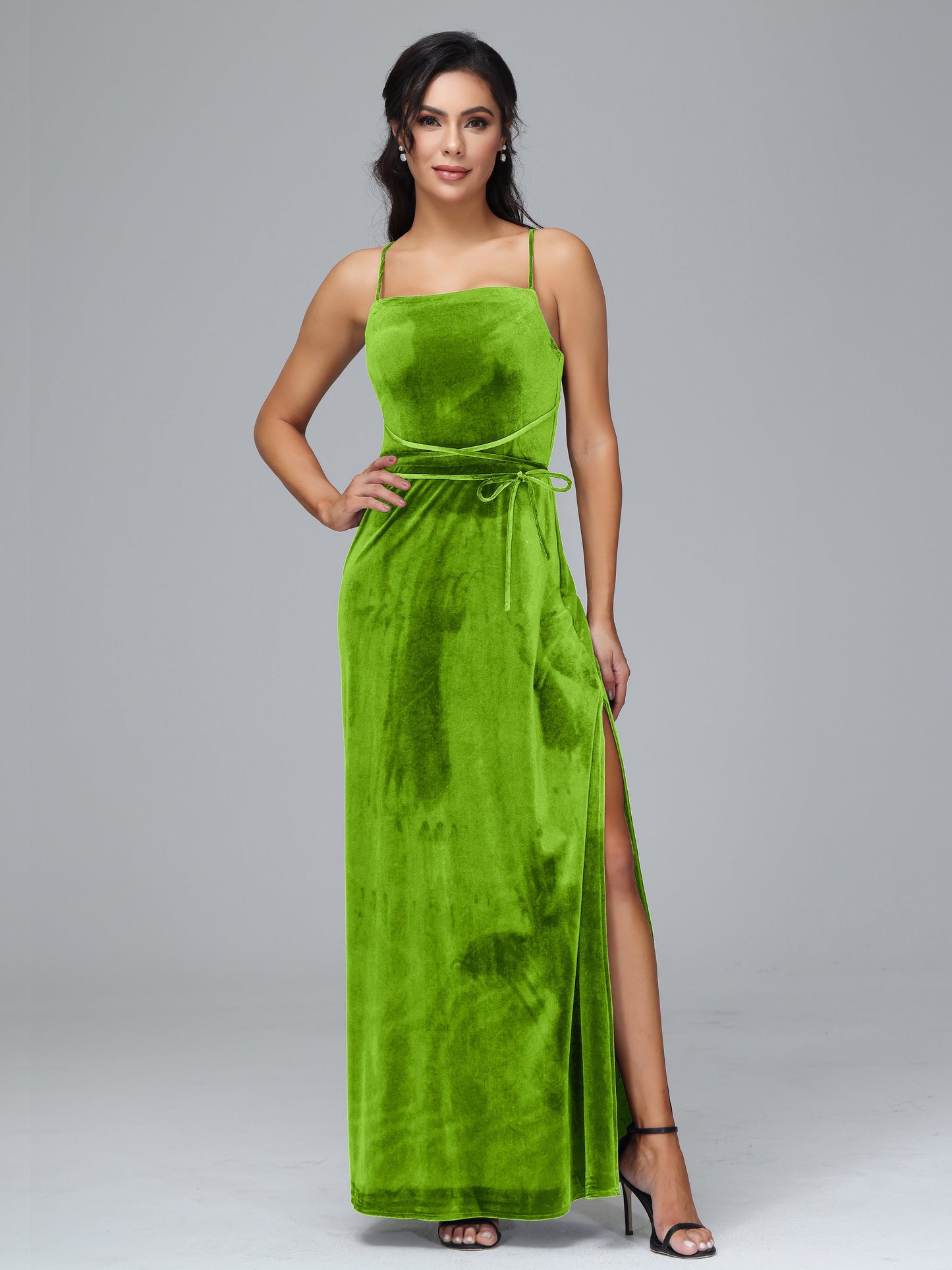 Spaghetti Straps Velvet Bridesmaid Dress With Slit