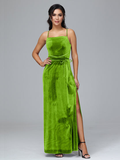 Spaghetti Straps Velvet Bridesmaid Dress With Slit