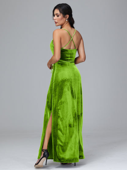 Spaghetti Straps Plus Size Velvet Bridesmaid Dress With Slit