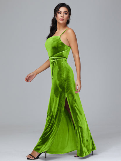 Spaghetti Straps Velvet Bridesmaid Dress With Slit