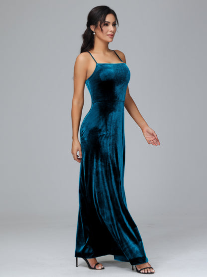 Spaghetti Straps Velvet Bridesmaid Dress With Slit