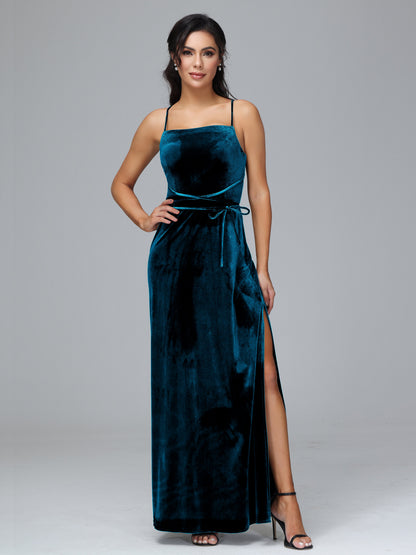 Spaghetti Straps Velvet Bridesmaid Dress With Slit