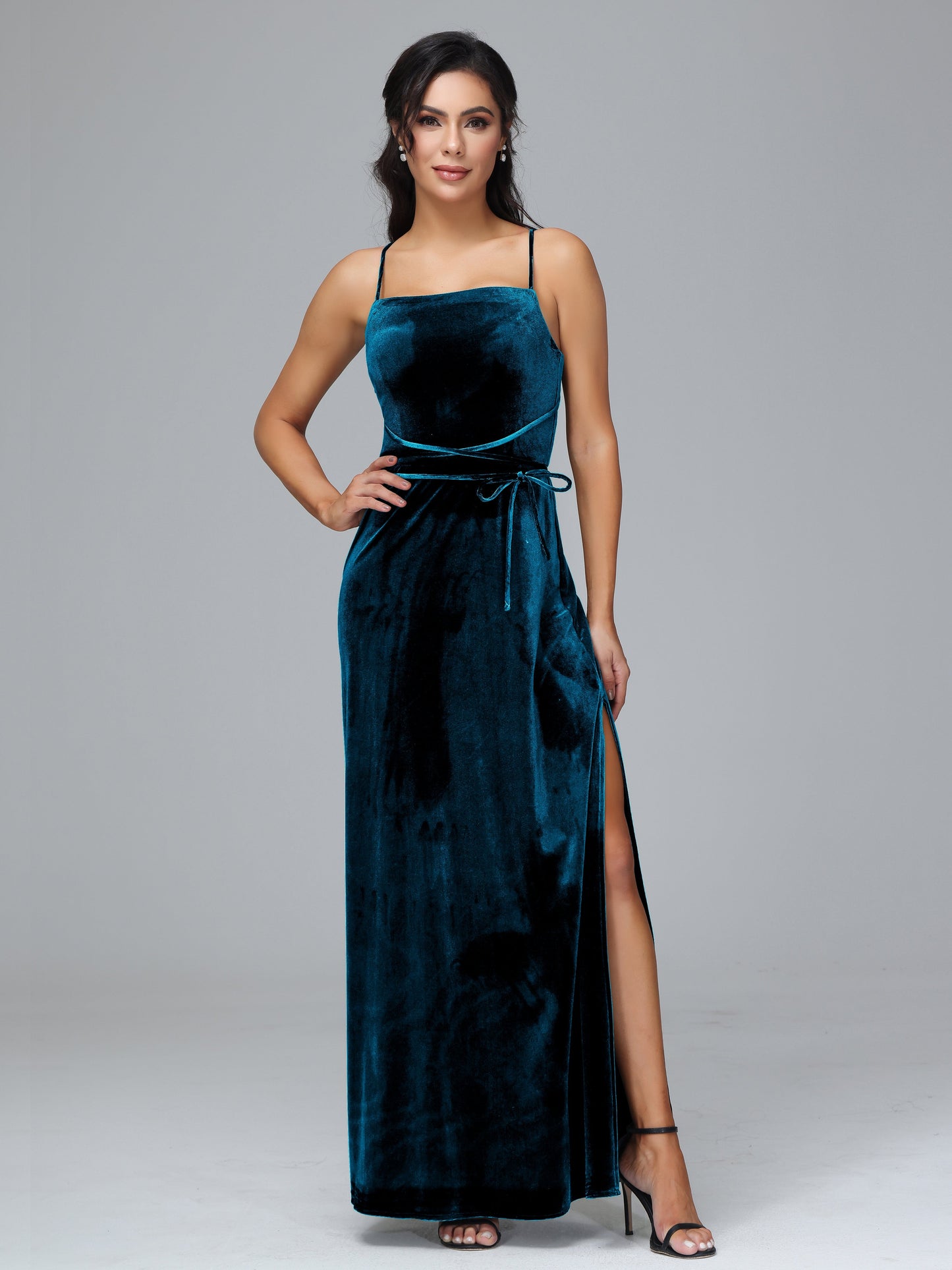 Spaghetti Straps Plus Size Velvet Bridesmaid Dress With Slit