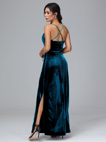 Spaghetti Straps Plus Size Velvet Bridesmaid Dress With Slit