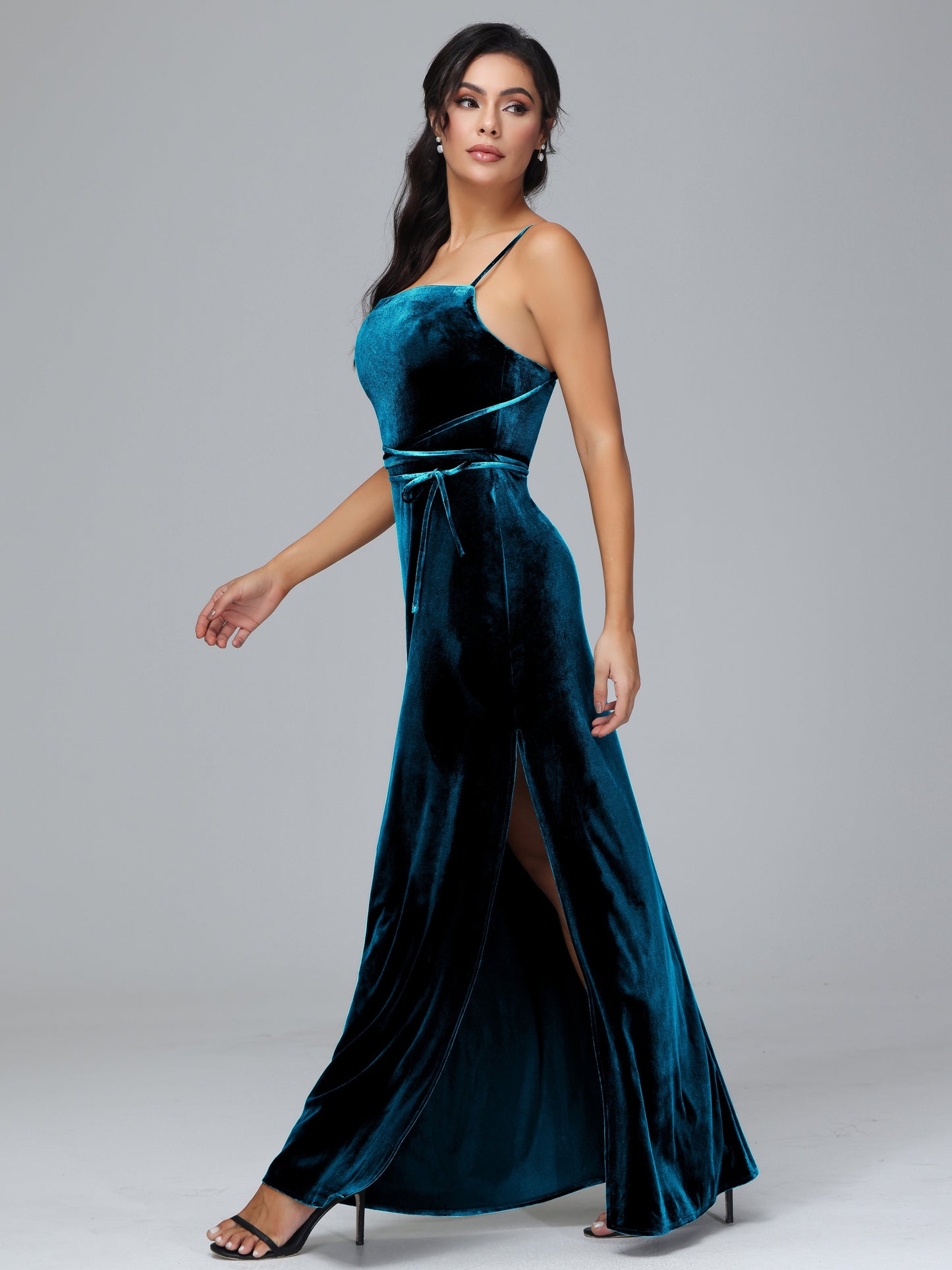 Spaghetti Straps Plus Size Velvet Bridesmaid Dress With Slit