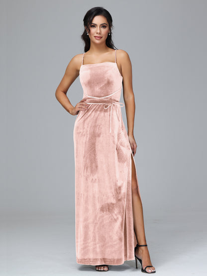 Spaghetti Straps Velvet Bridesmaid Dress With Slit