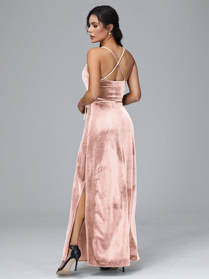 Spaghetti Straps Velvet Bridesmaid Dress With Slit