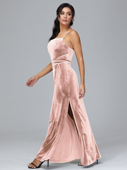 Spaghetti Straps Velvet Bridesmaid Dress With Slit