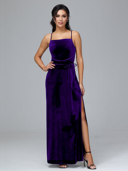 Spaghetti Straps Velvet Bridesmaid Dress With Slit