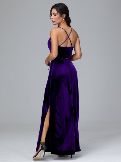 Spaghetti Straps Velvet Bridesmaid Dress With Slit