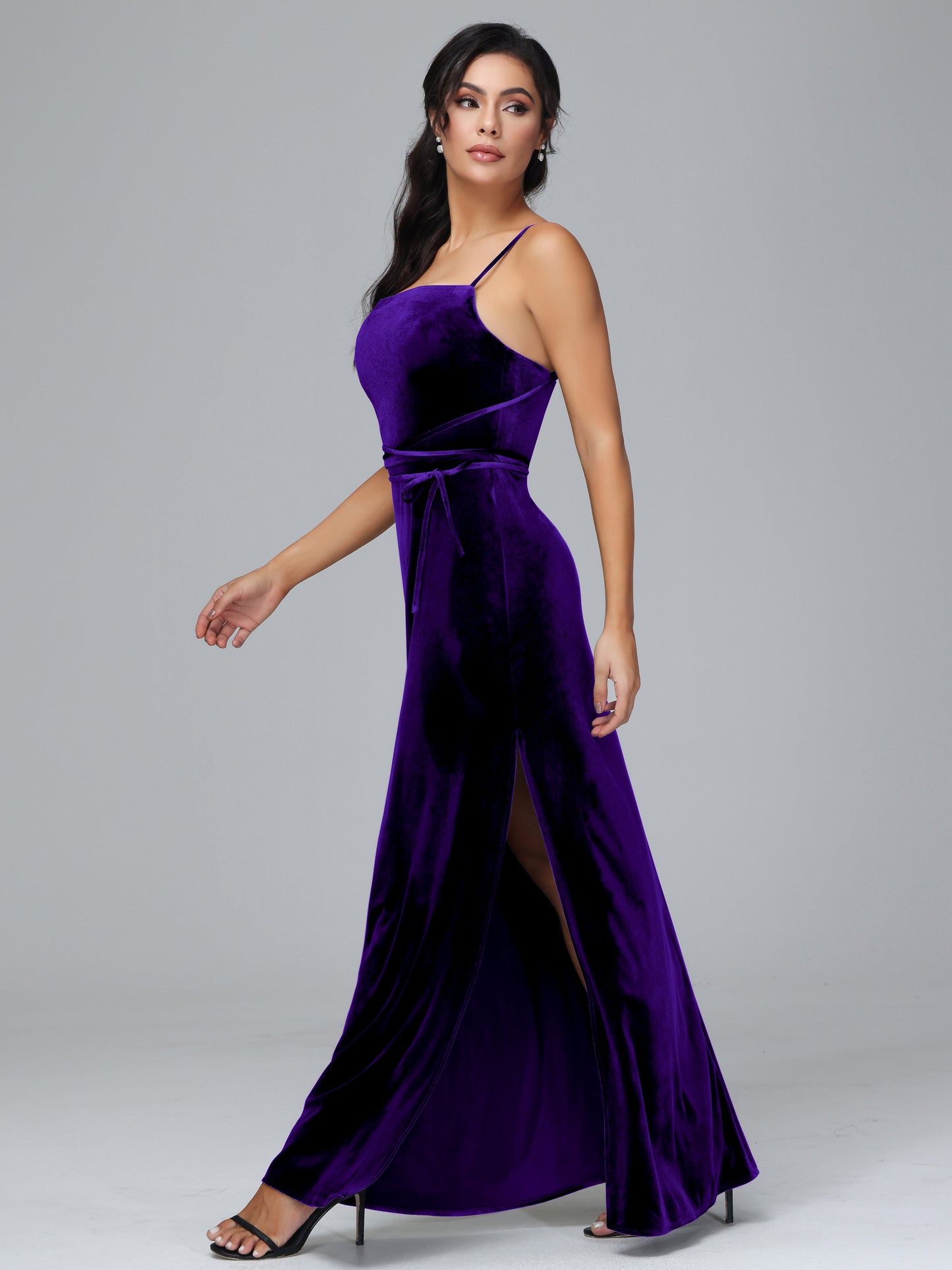 Spaghetti Straps Velvet Bridesmaid Dress With Slit
