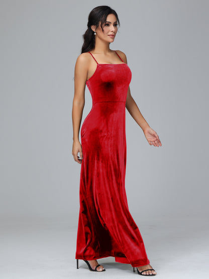 Spaghetti Straps Velvet Bridesmaid Dress With Slit