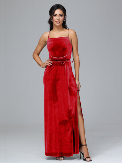 Spaghetti Straps Plus Size Velvet Bridesmaid Dress With Slit