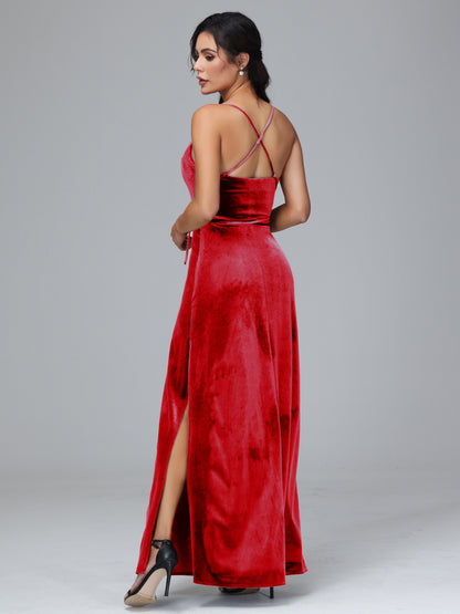 Spaghetti Straps Velvet Bridesmaid Dress With Slit