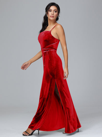 Spaghetti Straps Velvet Bridesmaid Dress With Slit