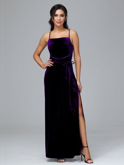 Spaghetti Straps Velvet Bridesmaid Dress With Slit