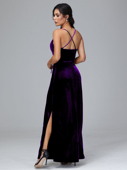 Spaghetti Straps Velvet Bridesmaid Dress With Slit