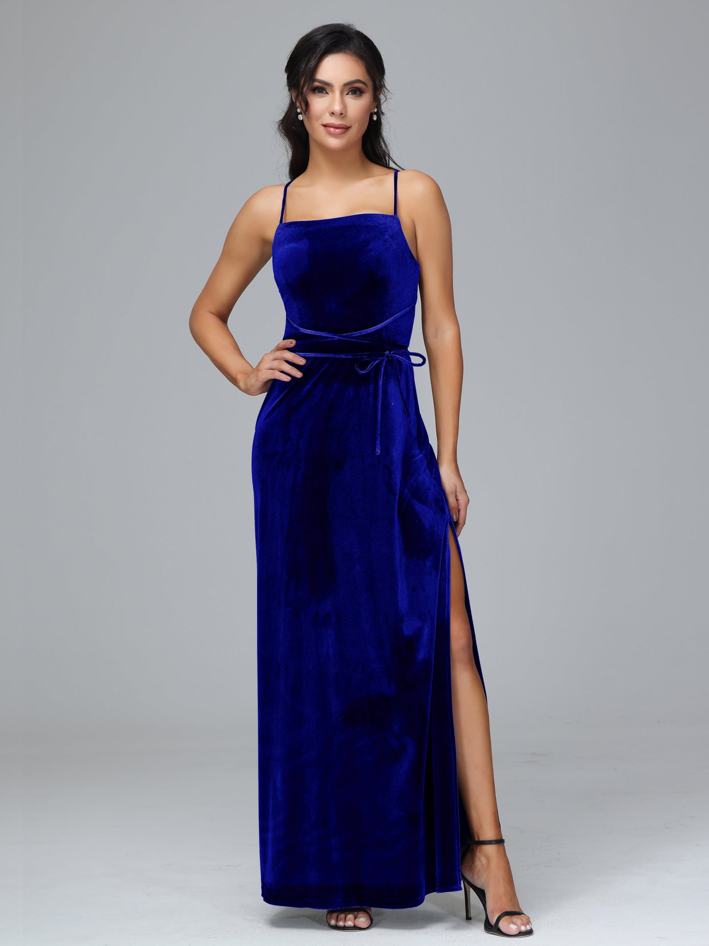 Spaghetti Straps Velvet Bridesmaid Dress With Slit