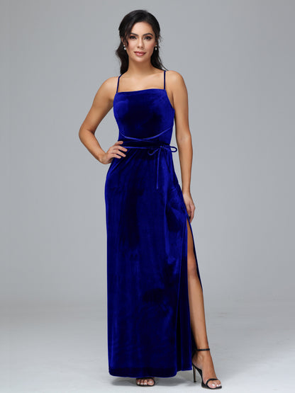 Spaghetti Straps Plus Size Velvet Bridesmaid Dress With Slit