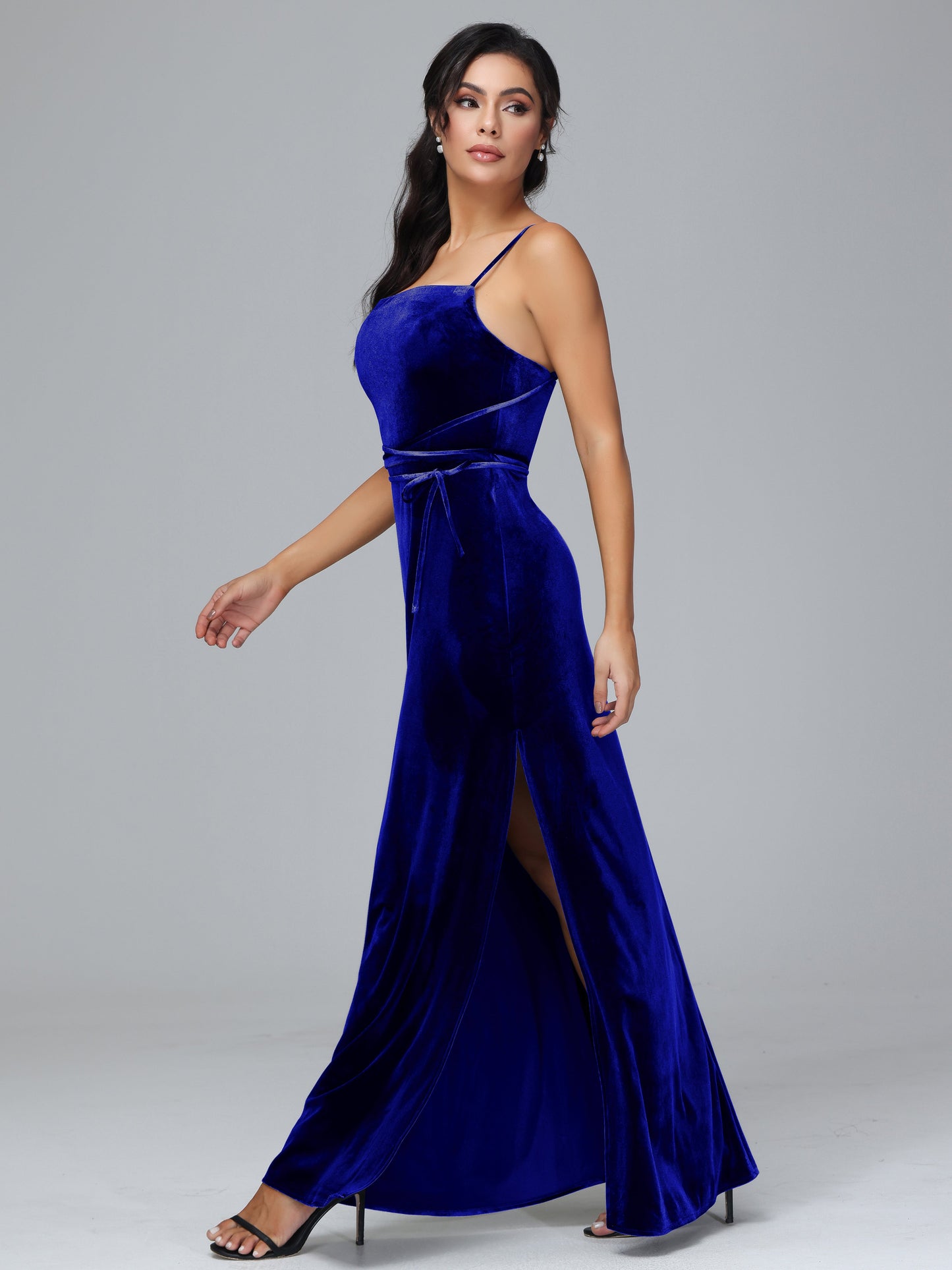 Spaghetti Straps Velvet Bridesmaid Dress With Slit