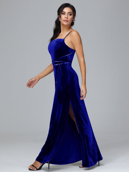 Spaghetti Straps Velvet Bridesmaid Dress With Slit