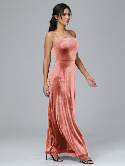 Spaghetti Straps Velvet Bridesmaid Dress With Slit