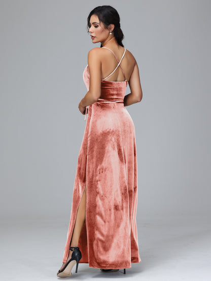 Spaghetti Straps Plus Size Velvet Bridesmaid Dress With Slit