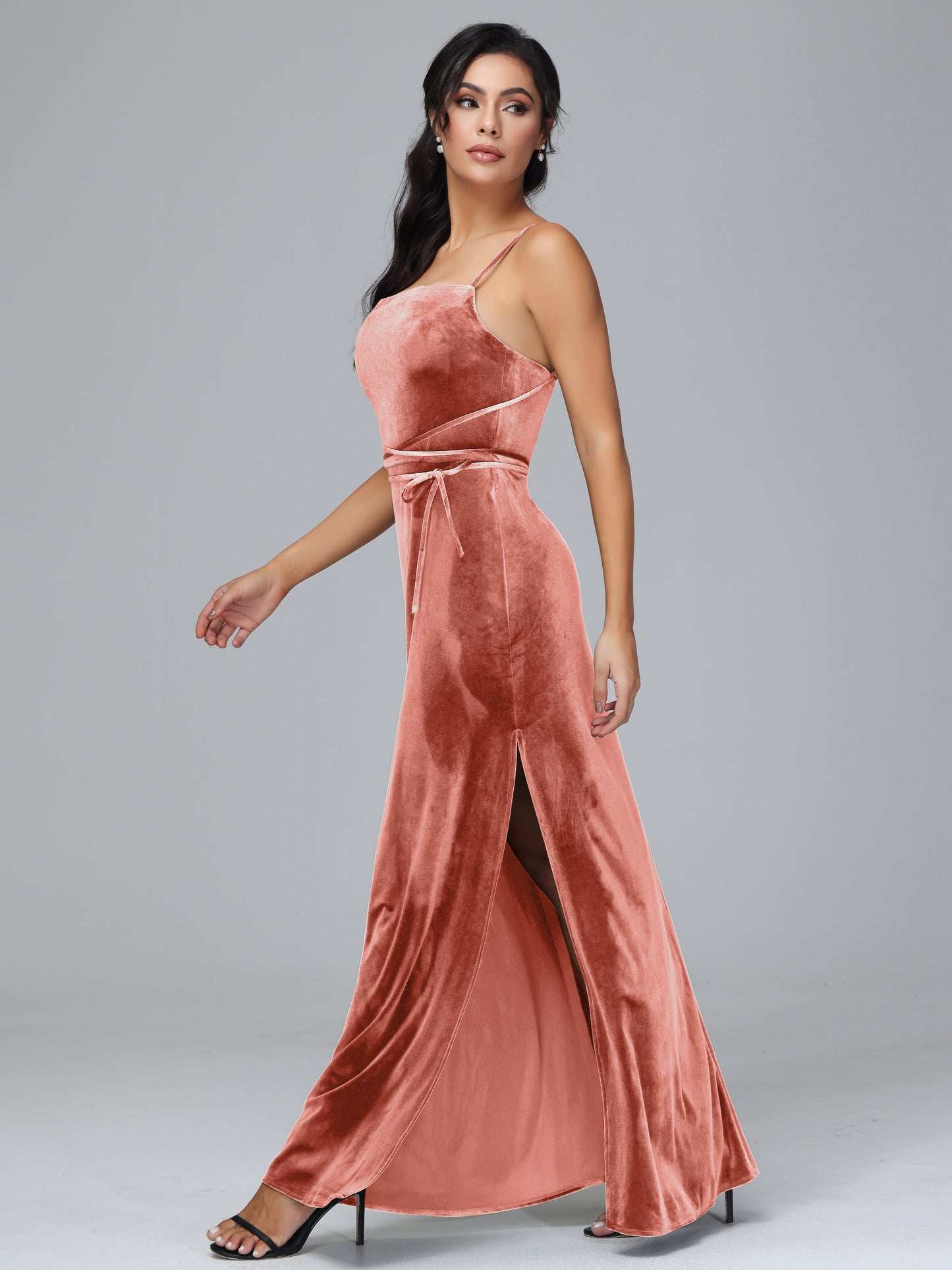 Spaghetti Straps Plus Size Velvet Bridesmaid Dress With Slit