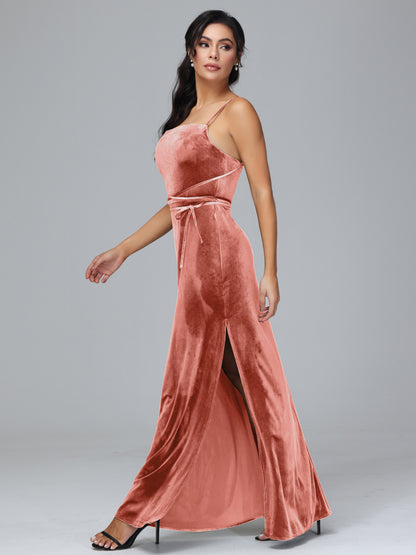 Spaghetti Straps Plus Size Velvet Bridesmaid Dress With Slit