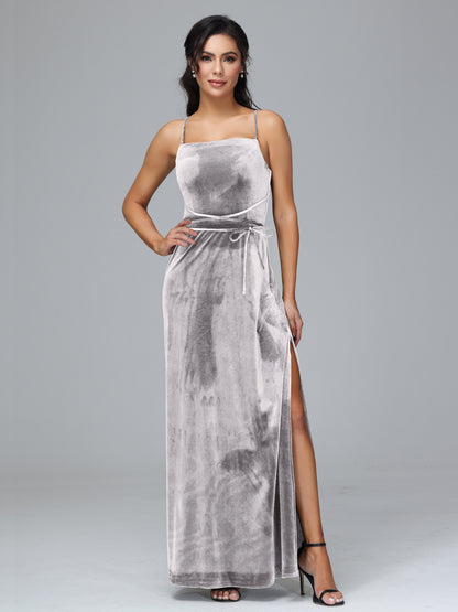 Spaghetti Straps Velvet Bridesmaid Dress With Slit