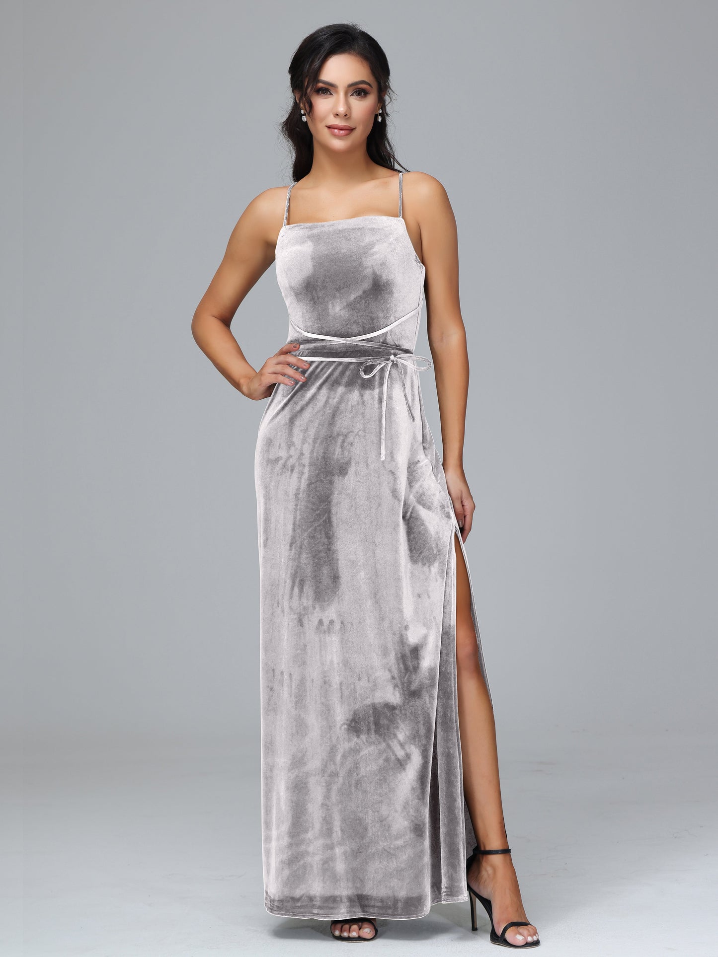 Spaghetti Straps Plus Size Velvet Bridesmaid Dress With Slit