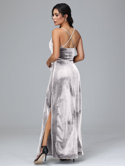 Spaghetti Straps Velvet Bridesmaid Dress With Slit